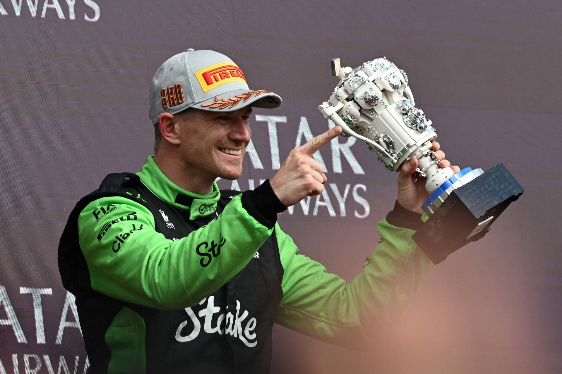 Nico Hulkenberg on the podium for the 2025 F1 Grand Prix of Great Britain - Source: Getty